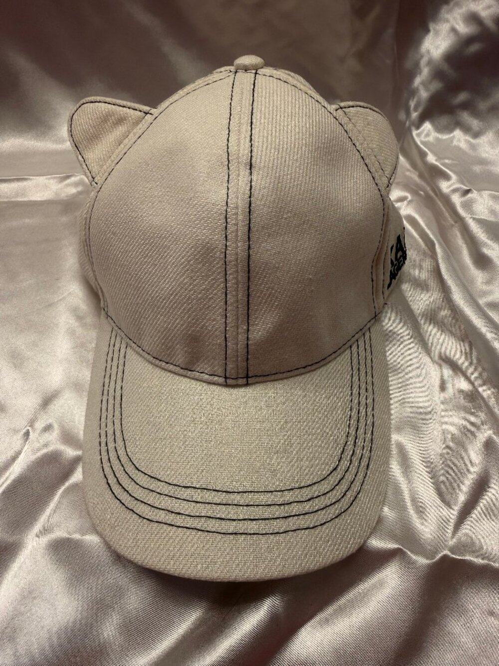 Karl Lagerfeld Paris Ivory Cat Ear Baseball Cap Rayon Linen Adjustable
